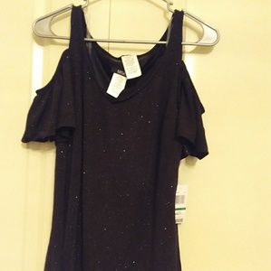 NWT Black Metallic Shimmery Cold Shoulder Top Sz L